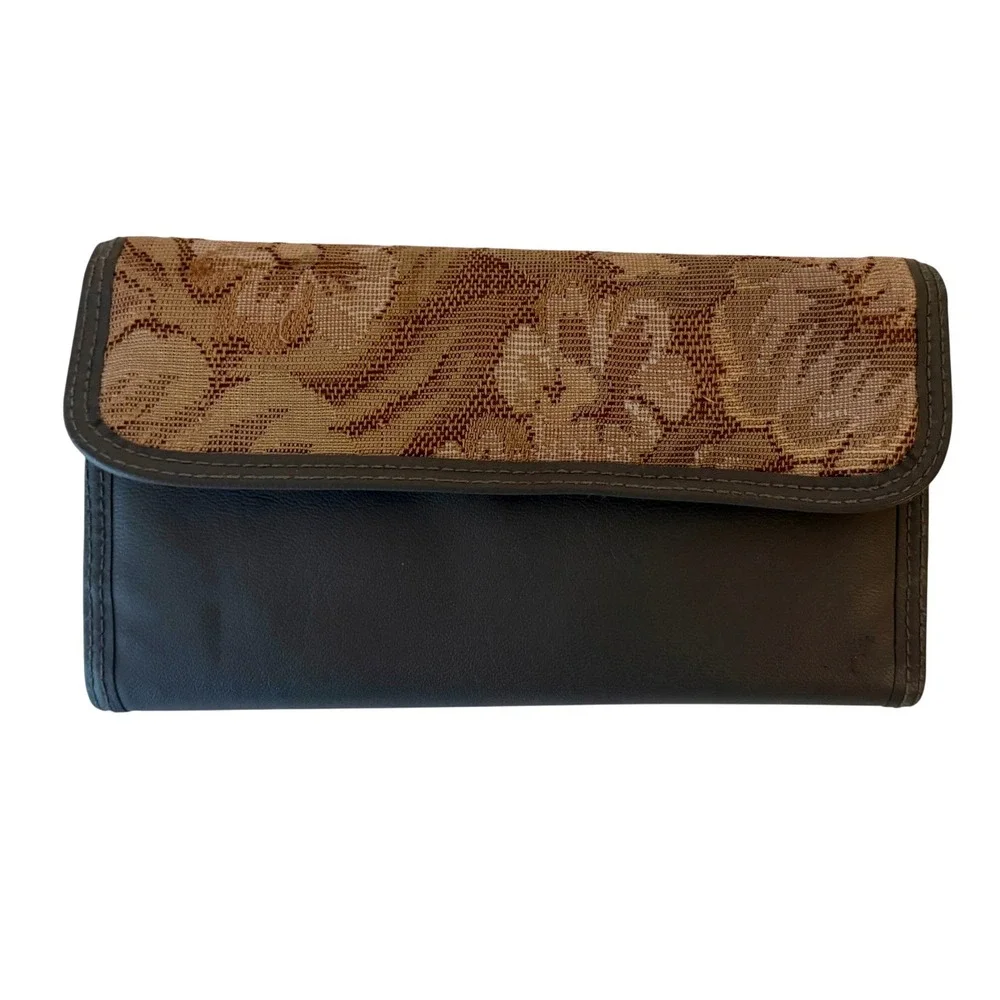 Vintage Floral Tapestry Checkbook Wallet Clutch Organizer Gray Vinyl Retro 70s‎